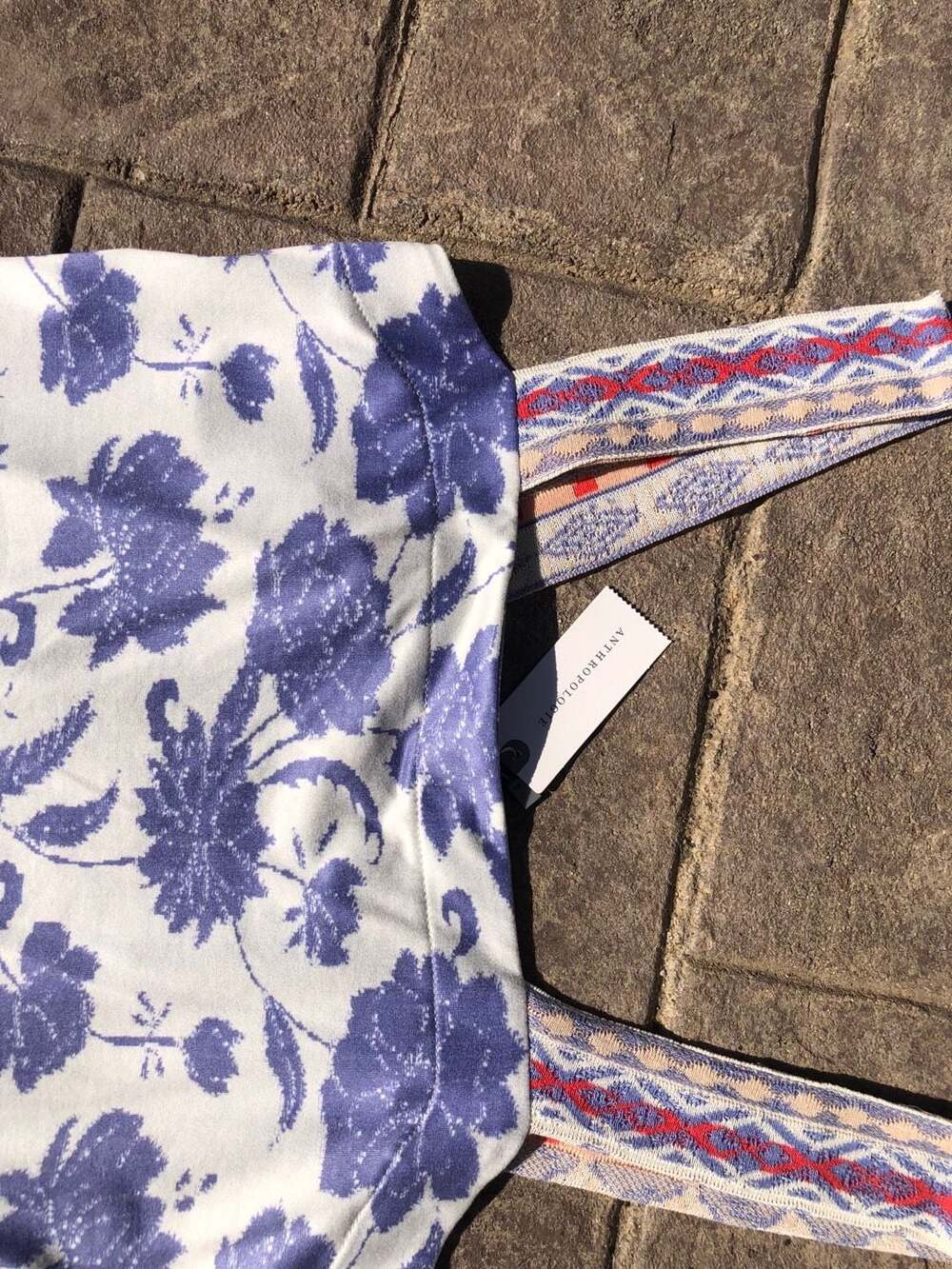 Anthropologie Blue Floral Print Square Neck Tank Top with Woven Straps - Picture 2 of 3